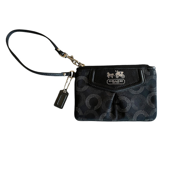 COACH Madison Op Art Small Black Leather Signature Silver Zip Wristlet Hang Tag - Picture 1 of 8